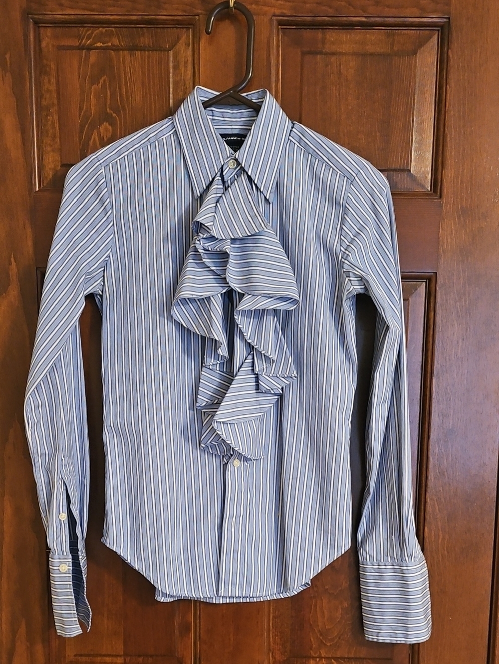 Ralph Lauren Blue & White Vertical Stripe Ruffle Front Shirt